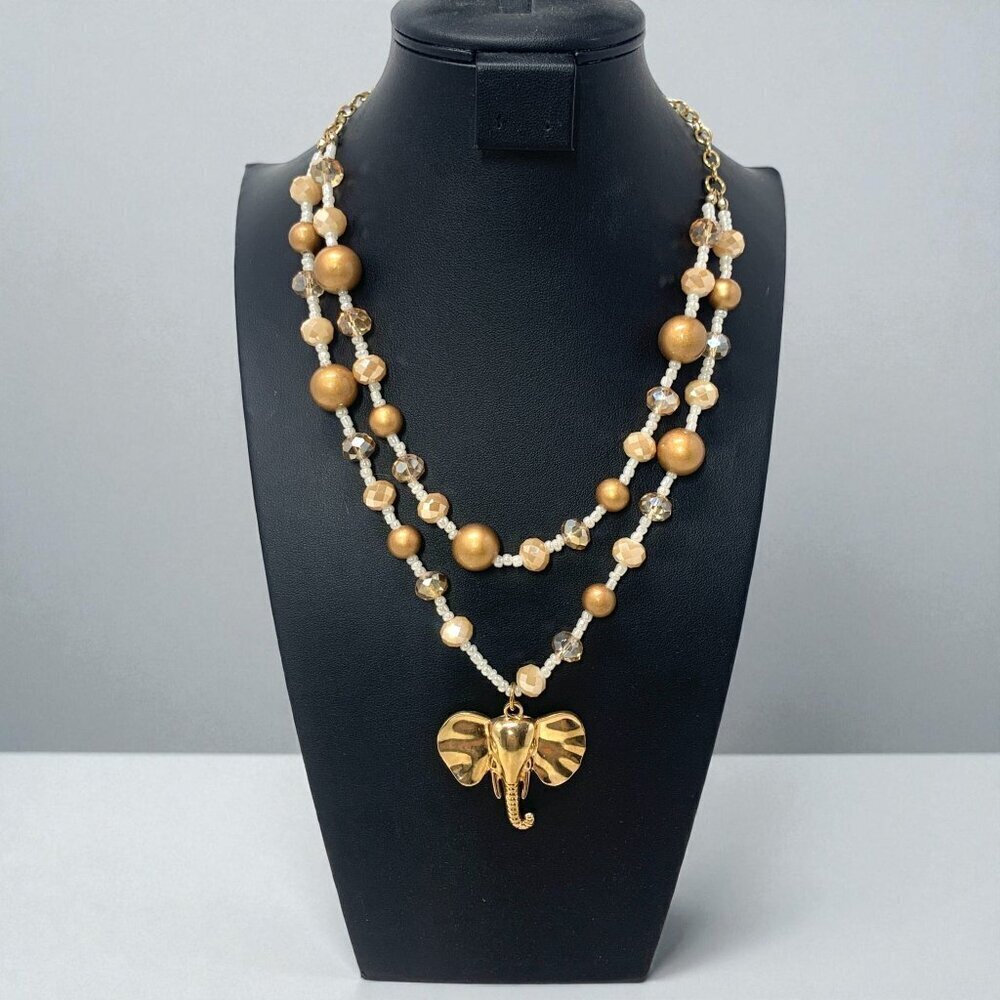 Gold-Tone Double Strand Necklace With Elephant Pendant & Beaded Design